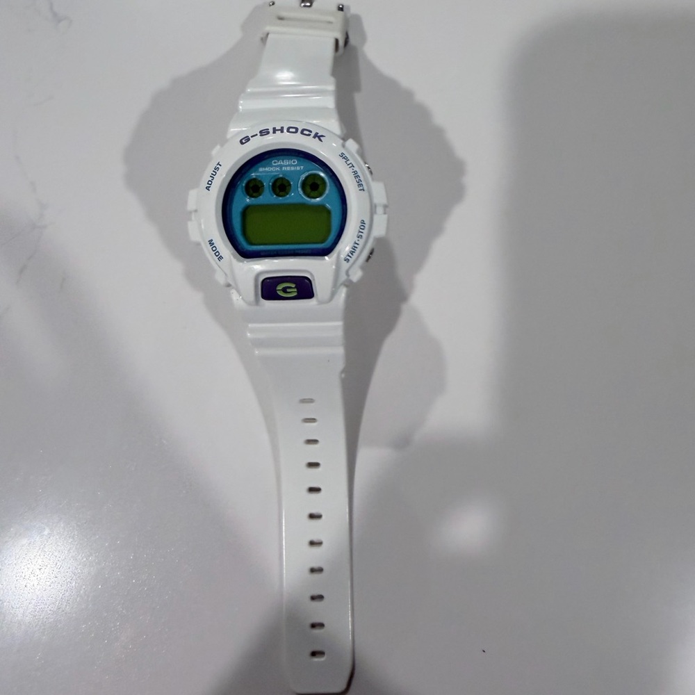 G-Shock White Digital Watch with Blue and Purple Details